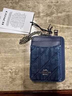 Coach Navy Quilted Denim Card Holder with Chain